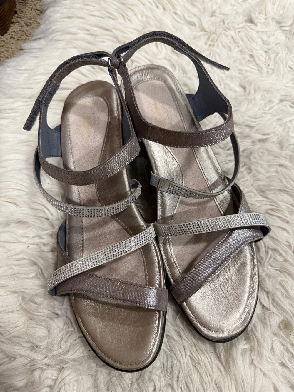 NAOT Innovate Rhinestone Embellished Strappy Sandal Size 10-10.5M Silver Leather